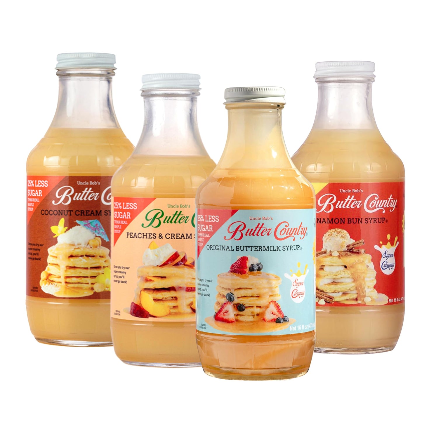 Uncle Bobs Butter Country Rich and Creamy Buttermilk Syrup Variety Pack, 4 Bottles x 16 Fl Oz - Original, Cinnamon Bun, Coconut Cream, Peaches