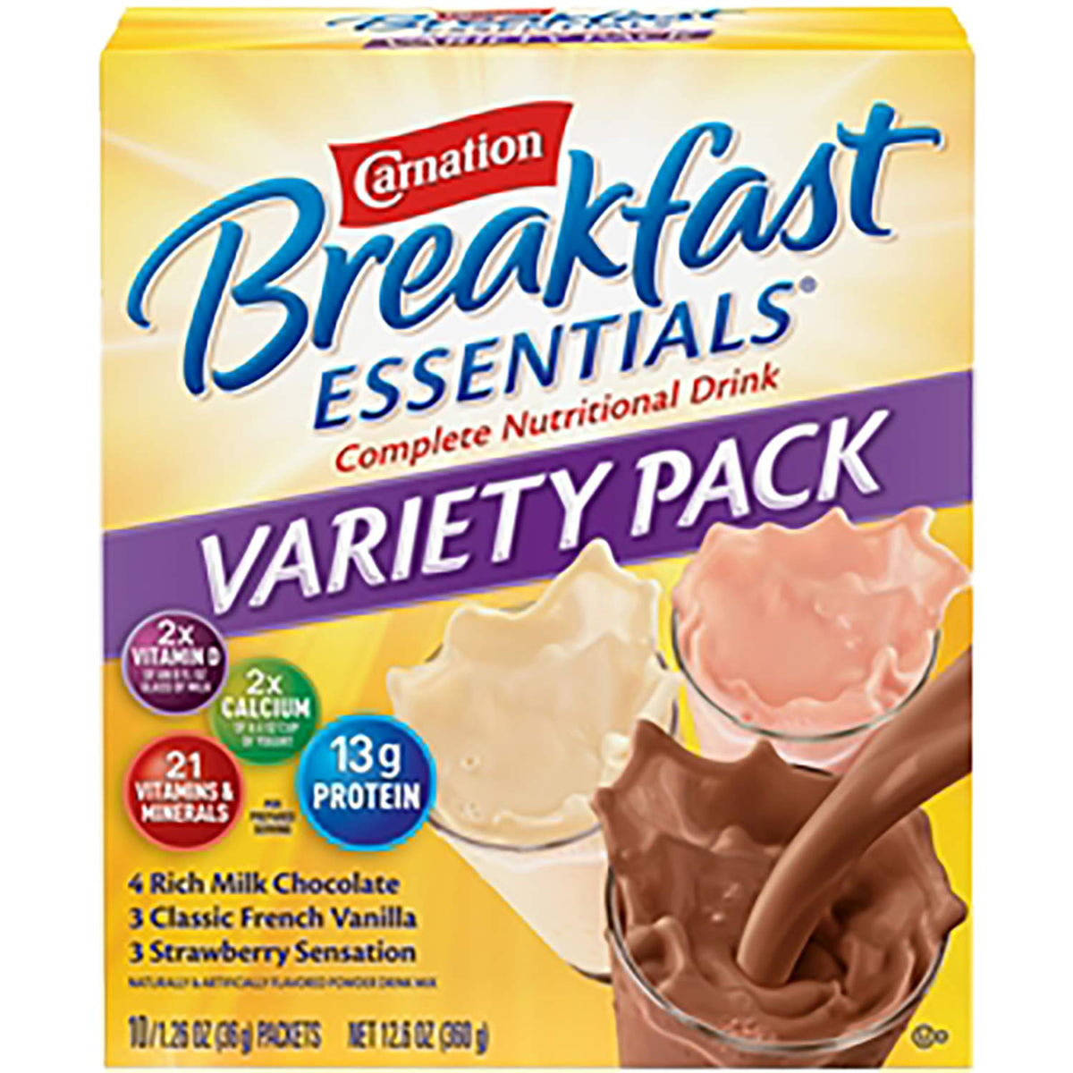 Carnation Breakfast Essentials Powder Drink Mix Variety Pack, Complete Nutritional Drink, 10 Count Box of 1.26 oz Packets (Pack