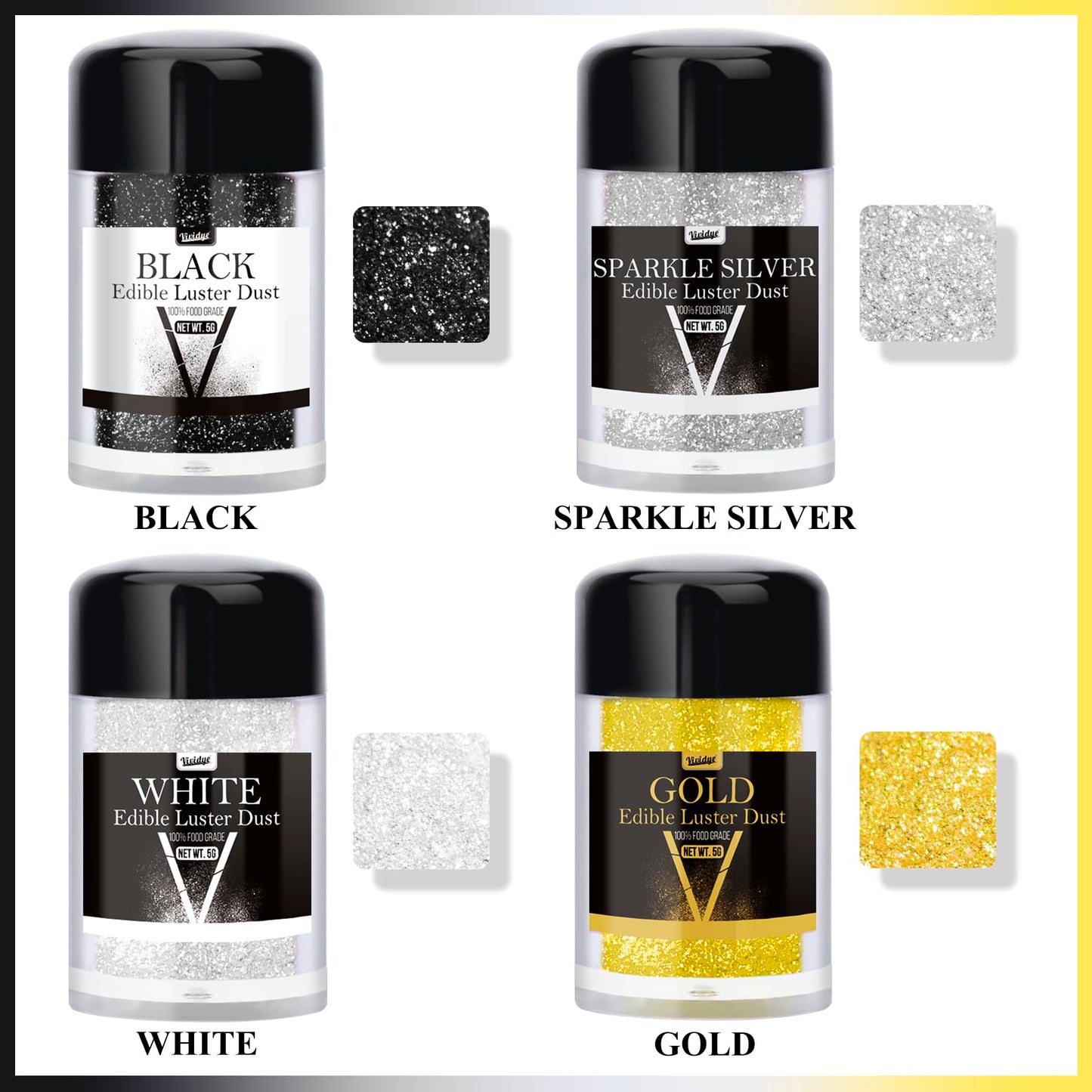 Vividye Edible Glitter - Luster Dust Powder for Drinks & Baking - 5g Bottles - 12 Colors