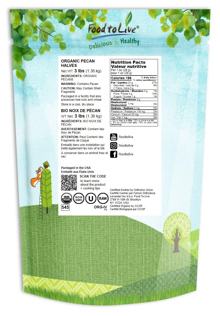 Food To Live Organic Pecan Halves, 3 Pounds – Non-Gmo, Kosher, Raw Pecan Nuts, Unsalted, Vegan, Kosher, Shelled, Sirtfood, Bulk. Good Source Of Calcium, And Zinc. Great For Pecan Pie, Salads, Mixes