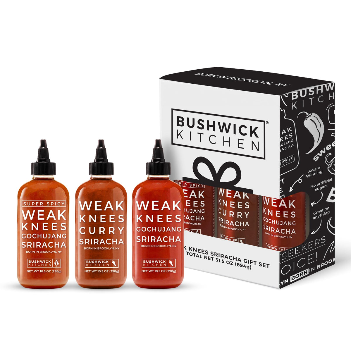 Bushwick Kitchen Sriracha Sampler Gift Box, Set Includes Gochujang Sriracha, Super Spicy Gochujang Sriracha, Curry Sriracha Hot 