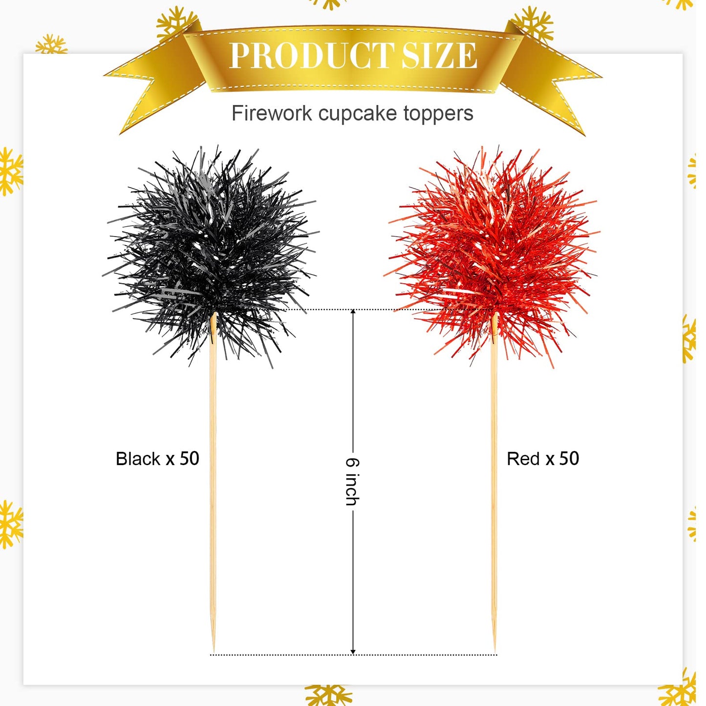Chinco Foil Firework Cupcake Toppers, 100 Pcs, 6 x 1.77 inches, Red and Black, Cake Decoration for Parties