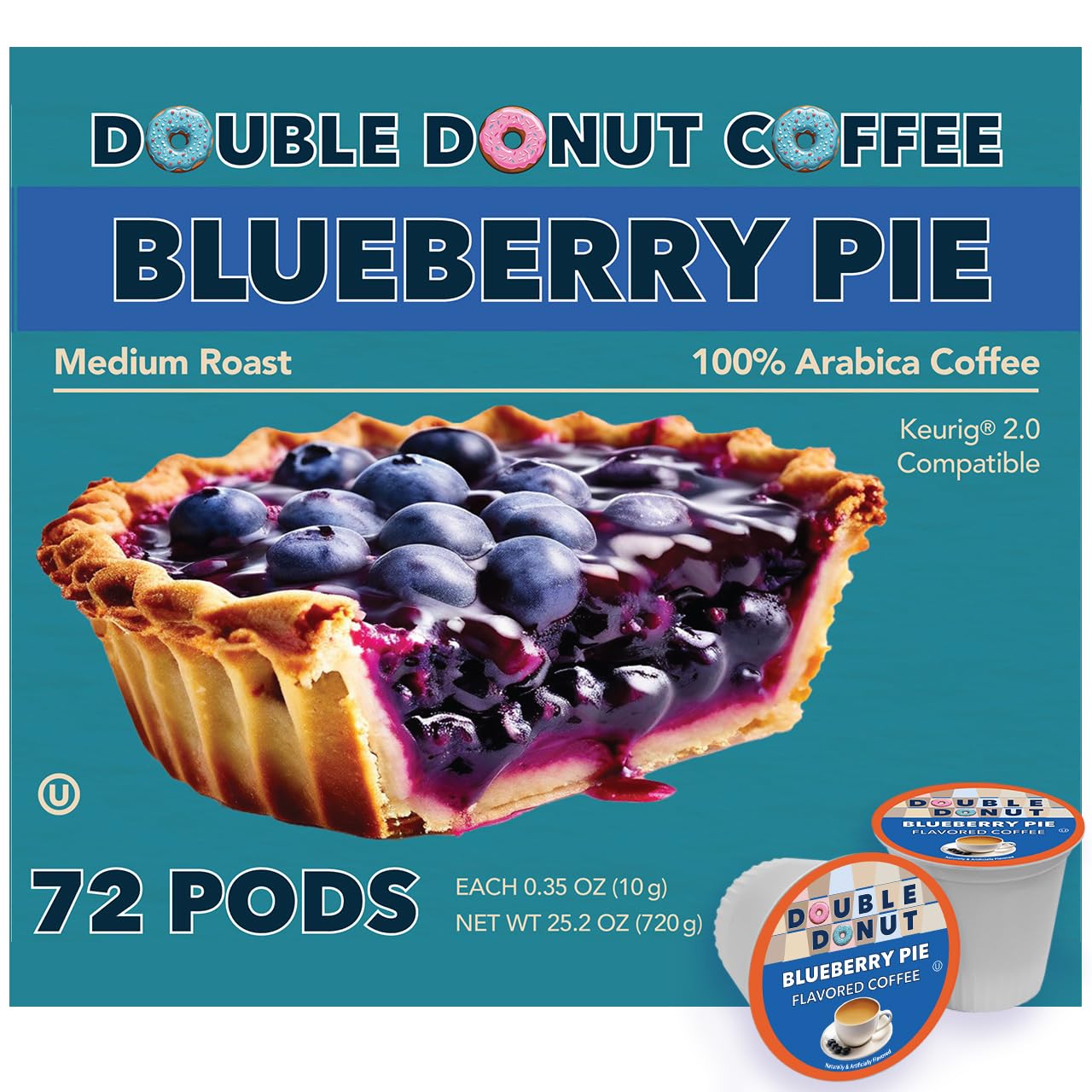 Double Donut Coffee Blueberry Flavored Coffee Pods, Medium Roast Coffee,Compatible With Keurig K Cups Malt-Inspired, 72 Cups