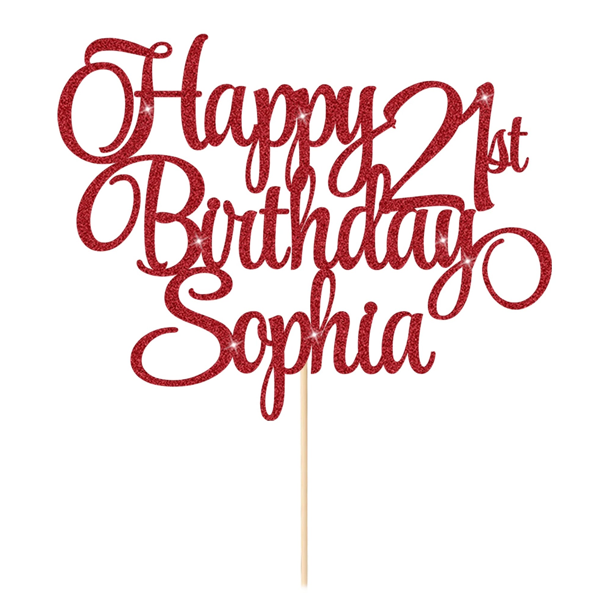EDSG Happy Birthday Cake Topper Personalized Double-Sided Glitter 7x4 inches Red