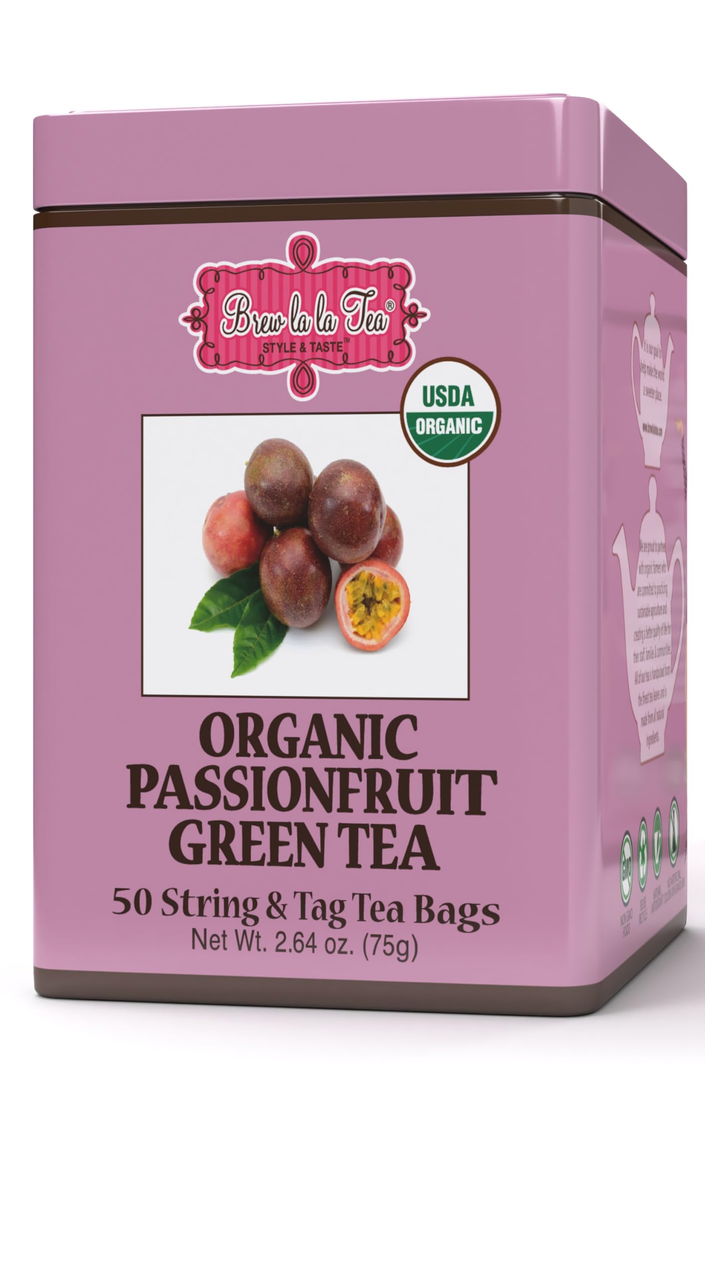 Brew La La Organic Green Tea - Passionfruit Flavor - 50 Count Tea Bags - Low Caffeine - USDA Certified Organic