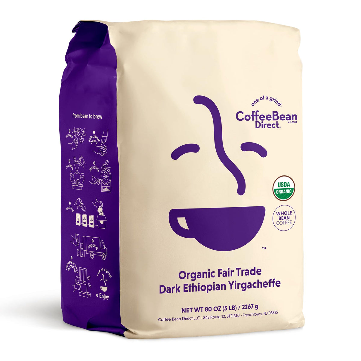Coffee Bean Direct Organic Fair Trade Dark Ethiopian Yirgacheffe, Whole Bean Coffee, Dark Roast, 5 Pound Bag (Pack Of 1)