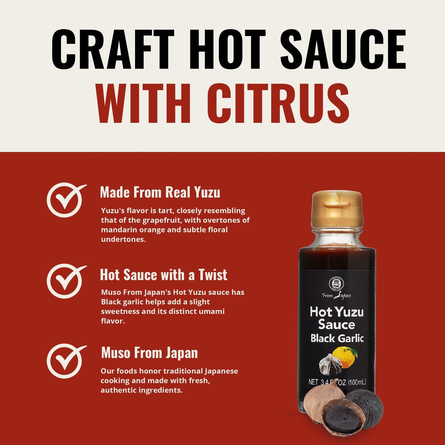 Muso From Japan - Hot Yuzu Sauce Black Garlic - Bold Flavor, Vegan And Gluten-Free - 3.4 Fl Oz