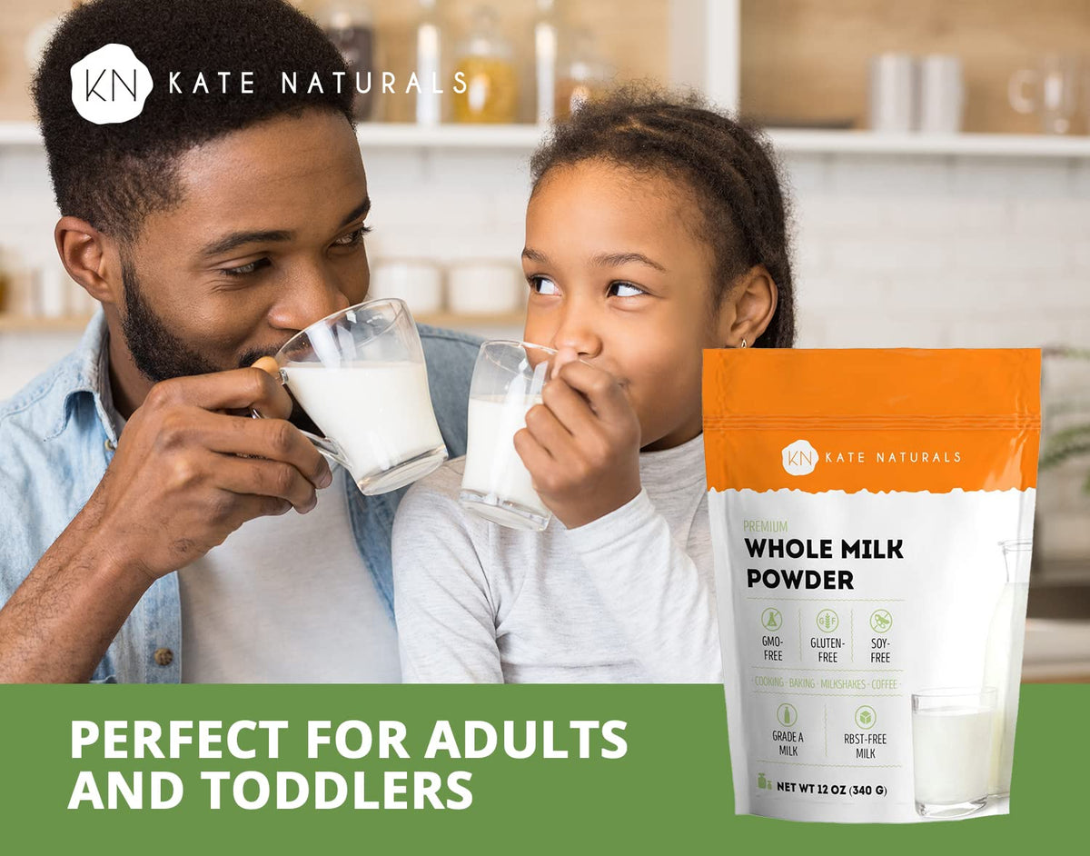Kate Naturals Dry Whole Milk Powder for Baking & Coffee, 12oz - RBST-Free, Made in USA