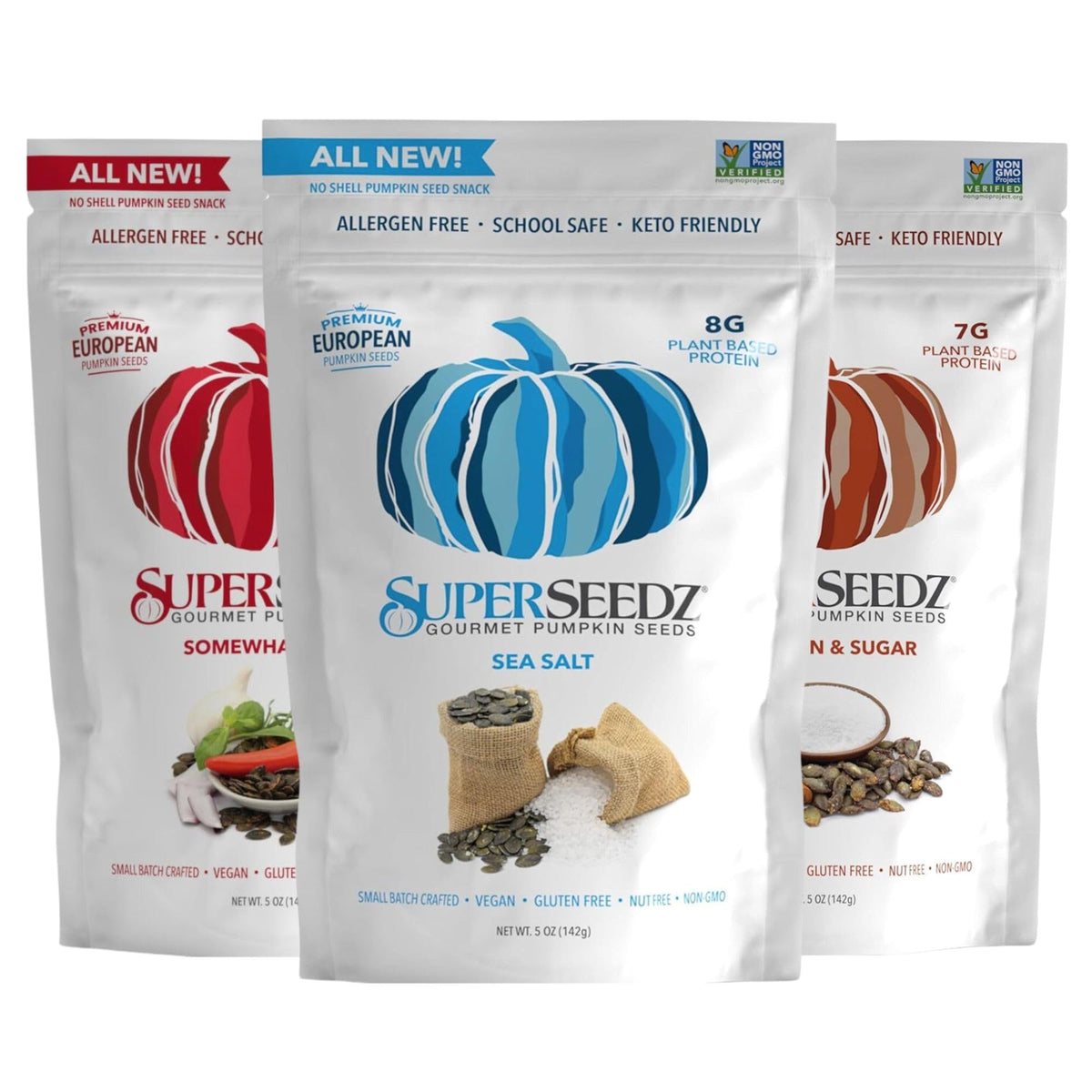 SuperSeedz Dry Roasted Pumpkin Seeds, Sea Salt & Cinnamon Sugar, Vegan, 5oz (3-pack)