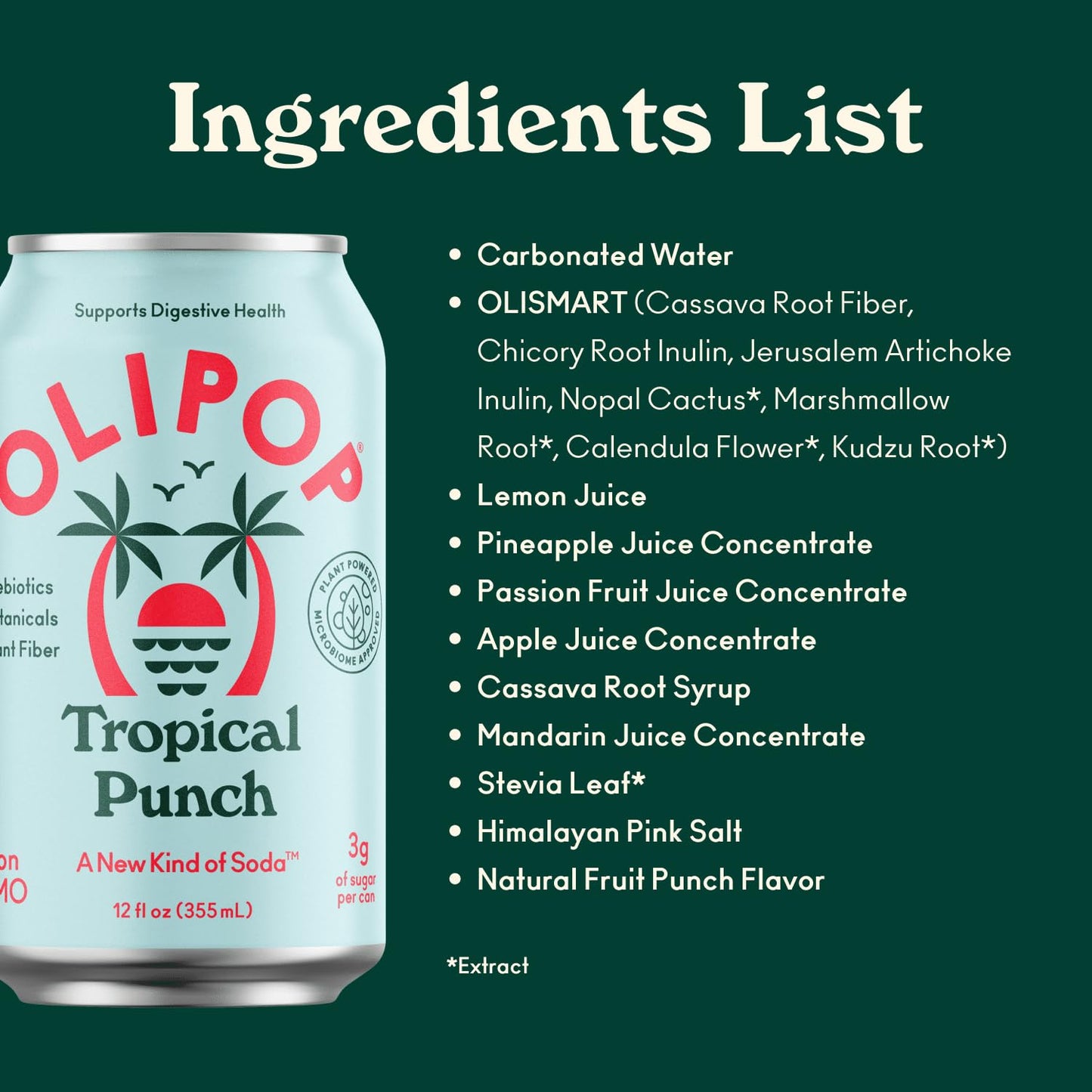 OLIPOP Prebiotic Soda Pop, Tropical Punch, A New Kind of Soda Packed with Prebiotics, Fiber, and Botanicals, Gluten Free, Vegan,