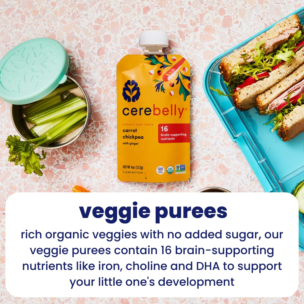 Cerebelly Organic Baby Food Pouches, Carrot Chickpea Purees, 16 Nutrients, No Added Sugar, Fiber & Non-Gmo, 4Oz, 12 Pack