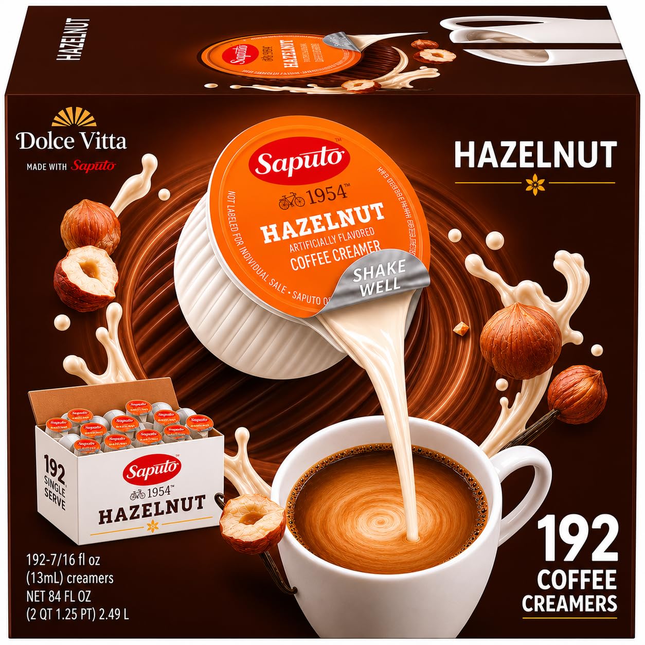 Hazelnut Coffee Creamer Singles, 192 Count Bulk Pack, Non-Dairy Liquid Creamer, Shelf Stable, Individual Single Serve Cups for O