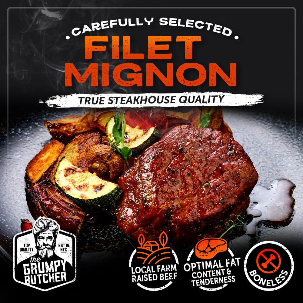 Grumpy Butcher 4 Large Filet Mignon Steaks, 8 Oz Each: Prime Steak House Size Beef Tenderloin Center Cut - With Steaks Gift Pack