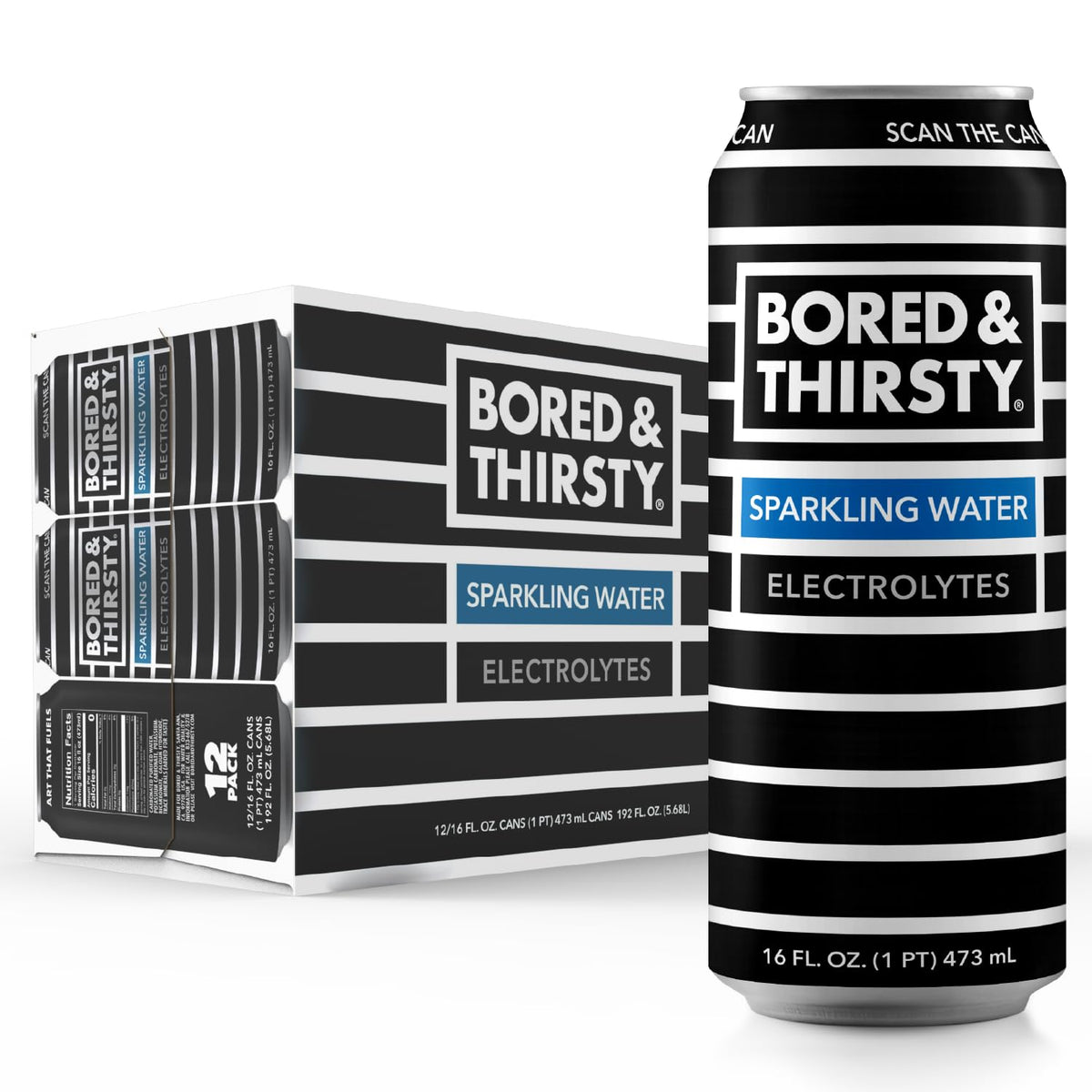 Bored & Thirsty Sparkling Water with Electrolytes, 16 Fl Oz, 12 Pack, 100% Recyclable Aluminum Cans