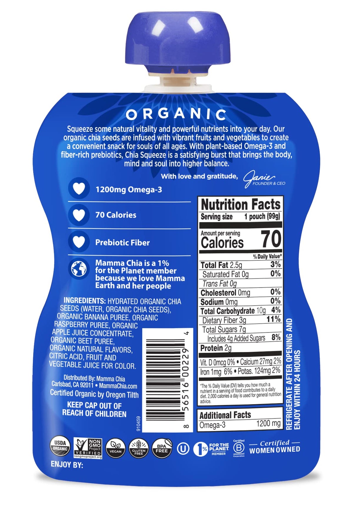 Mamma Chia Squeeze Organic Vitality Snack, Wild Raspberry, 8 Count, 3.5Oz