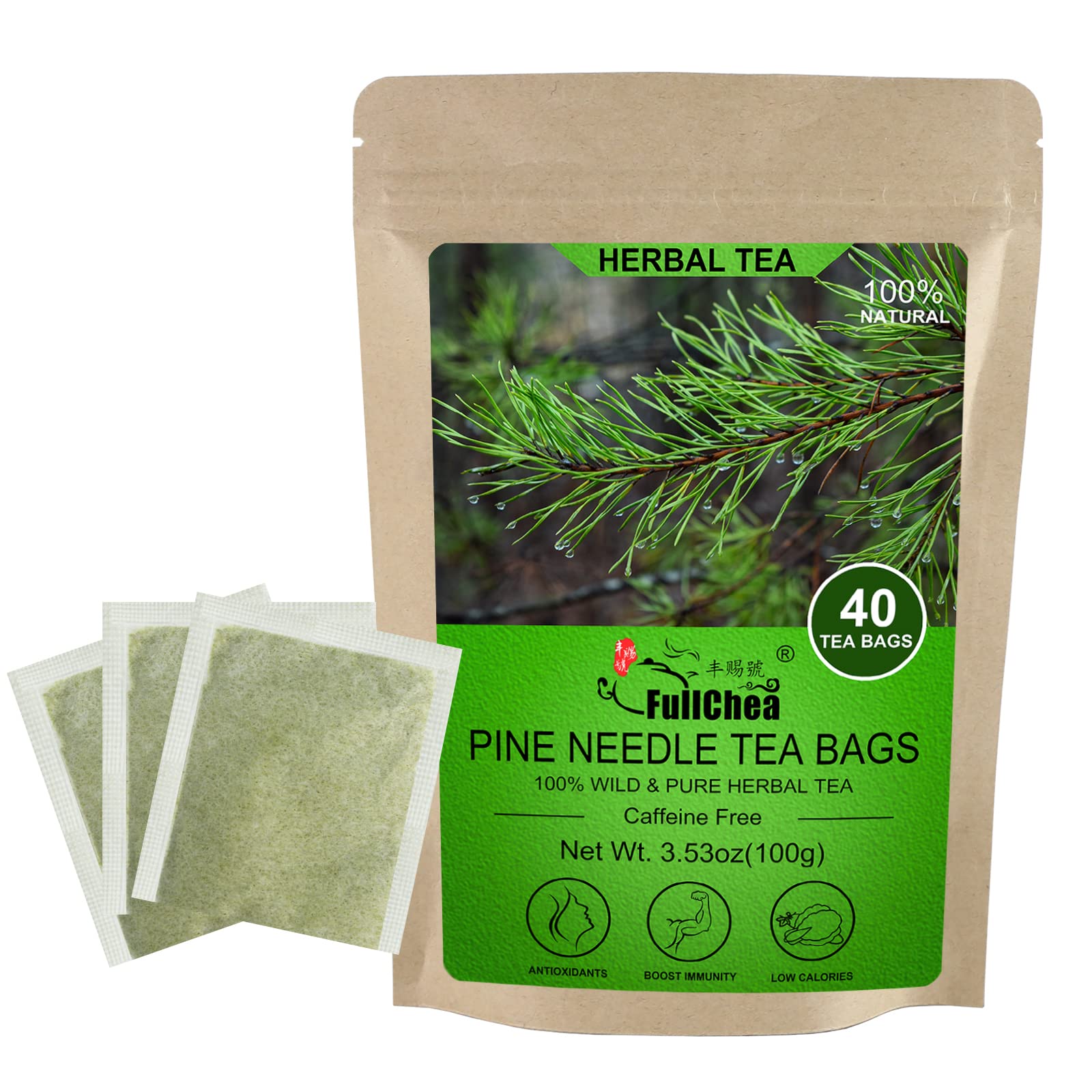 FullChea Dried Pine Needle Tea Bags - 40 Count, 2.5g/bag, Caffeine-free Herbal Tea, Rich in Vitamins & Antioxidants