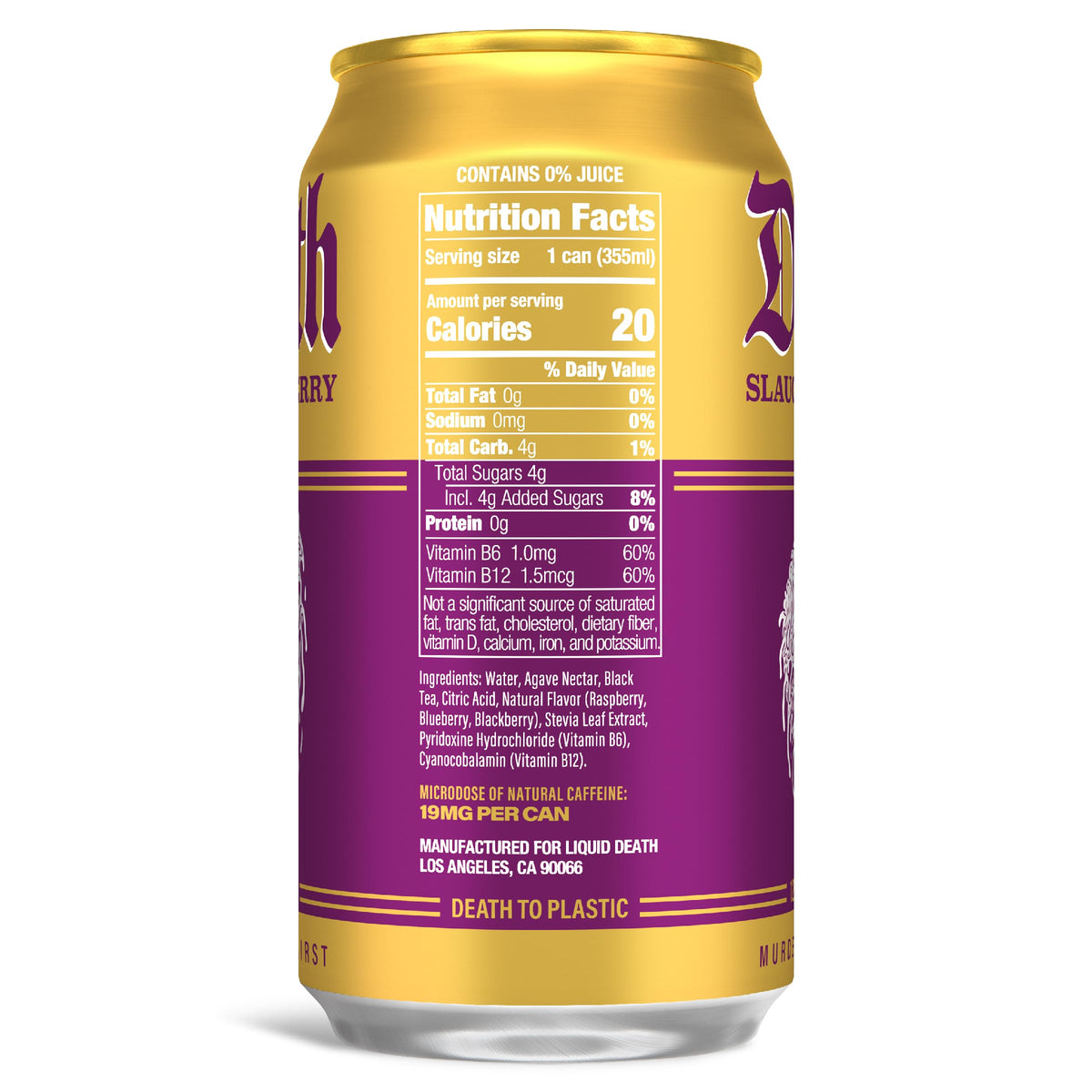 Liquid Death, Slaughter Berry Flavored Iced Tea, 12-Pack (12 Oz Cans), Raspberry Flavored Black Tea, Low Calorie, No Artificial