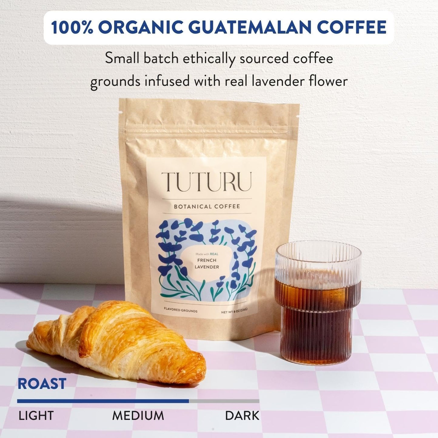 TUTURU Botanical Coffee Organic Lavender Ground Coffee, Medium Roast, Low-Acid, 8 oz, 22 Servings