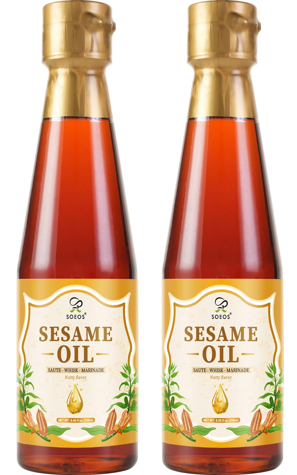 Soeos Sesame Oil, Toasted Sesame Seed Oil, 8.45 Fl Oz (250 ml) Pack of 2, Total 500 ml, Nutty Flavor, Perfect for Asian Food, No