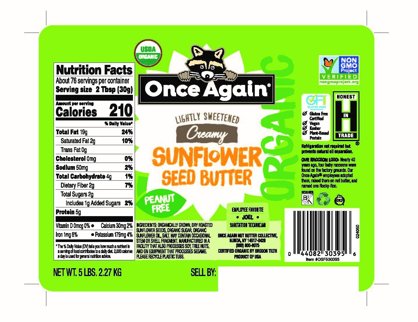 Once Again Organic Creamy Sunflower Butter, 5Lb Pantry Pal (Same As 5 Jars)- Lightly Salted & Sweetened - Peanut Free, Usda Organic, Gluten Free Certified, Vegan, Kosher