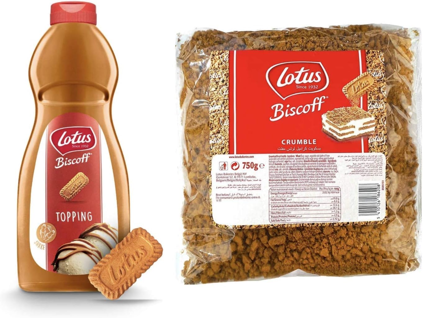 Lotus Biscoff Topping Sauce 2.2 lb (1kg) Squeezy Bottle and Lotus Biscoff Crushed Crumbs 1.6 lb(750g) Ultimate Dessert Bundle by