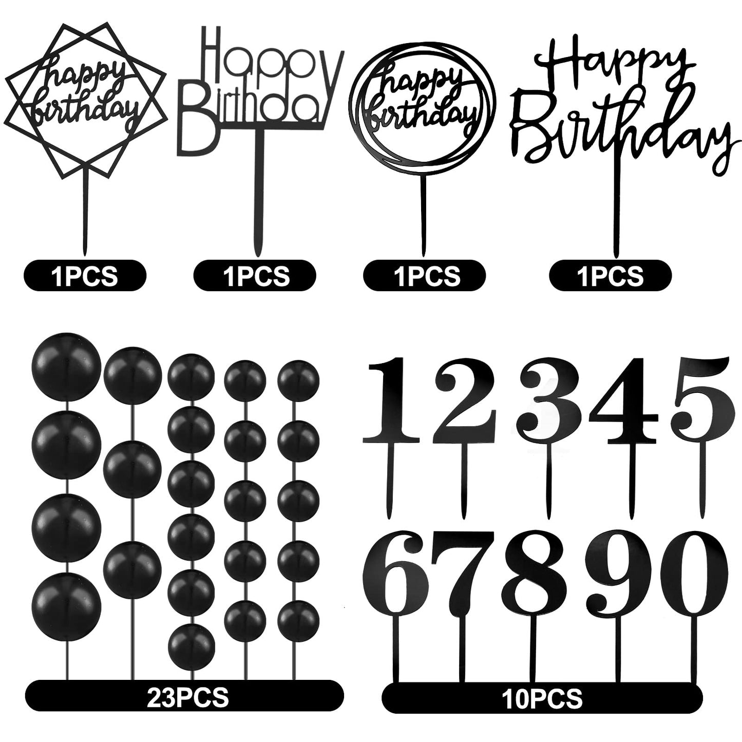 Yulejo 38 Pieces Ball Cake Decorations Set, Acrylic Cupcake Picks, Number 0-9, Black, Model Yulejo-Cake Topper-08