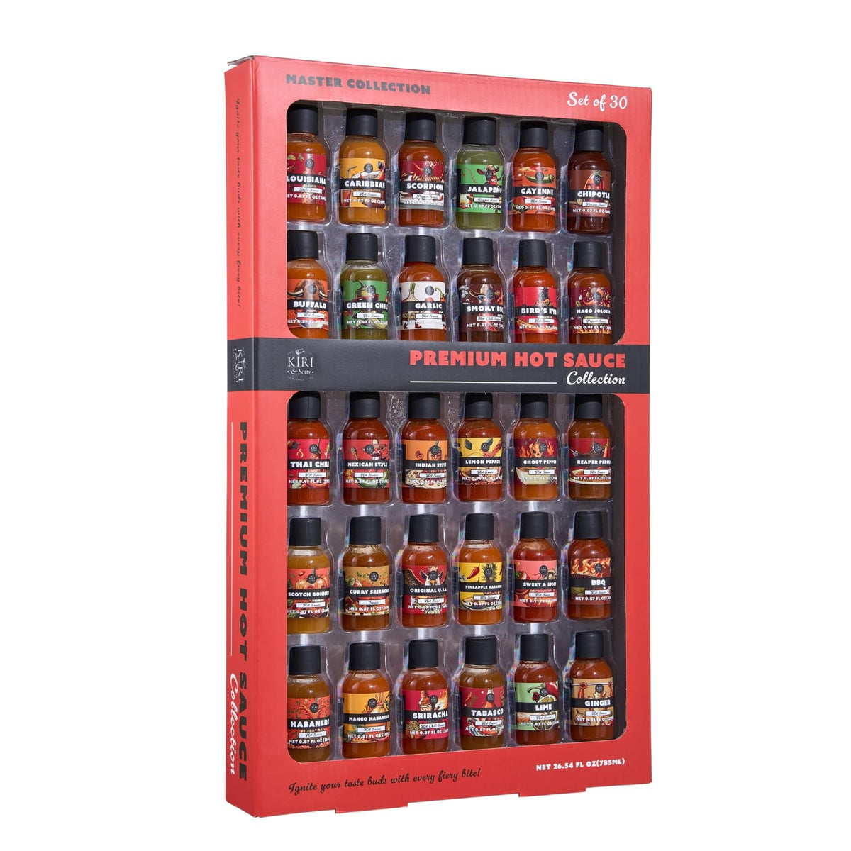 Kiri & Sons Hot Sauce Gift Set – Master Collection Sampler Box, 30 Assorted Gourmet Flavors for Cooking & Dipping, 44.73 cm