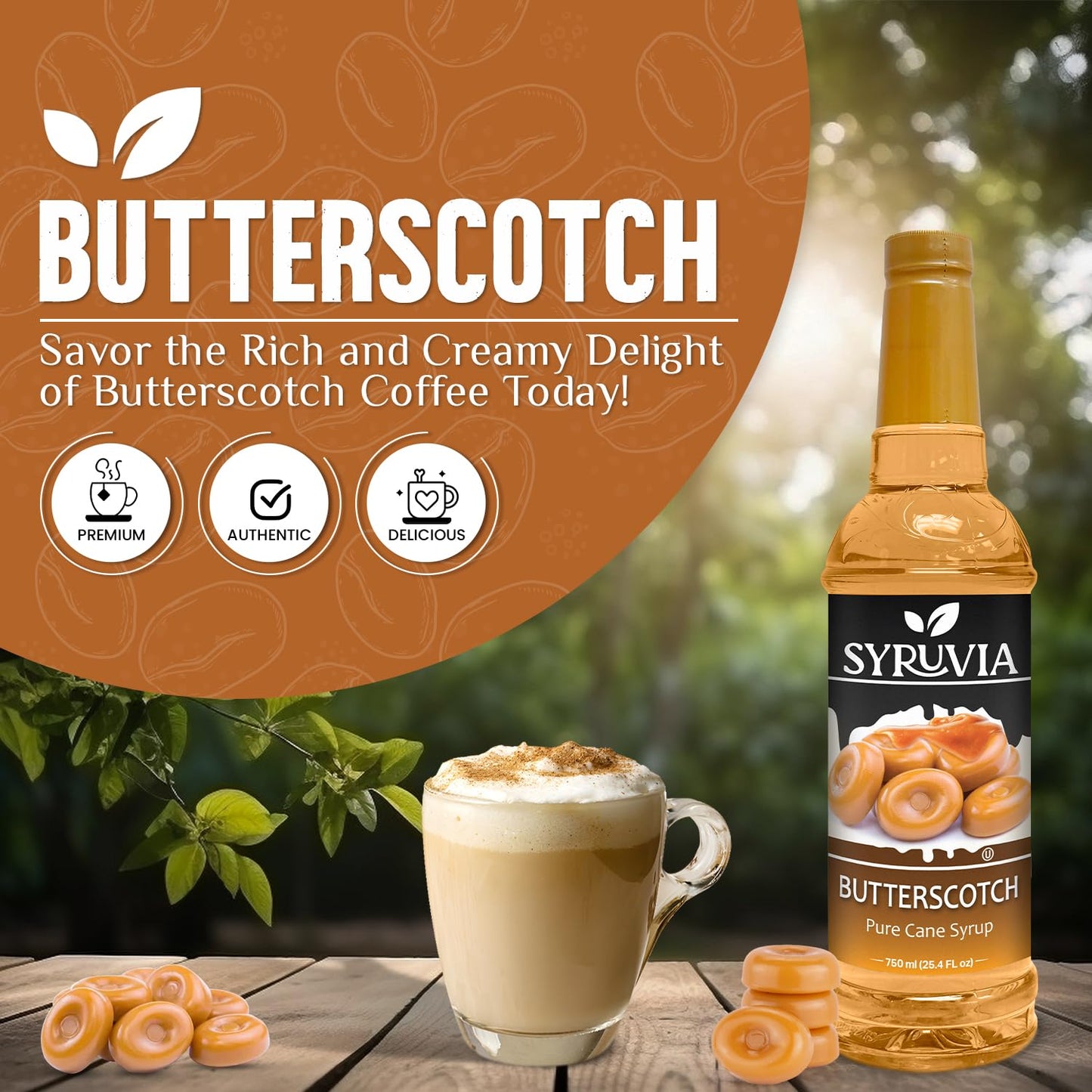Syruvia Butterscotch Coffee Syrup - 25.4 Fl Oz Enhanced Coffee Flavoring Syrup - Kosher Coffee Syrups, Gluten Free, No Coloring, Perfect For Drinks, Soda, Shakes, And More With Pump