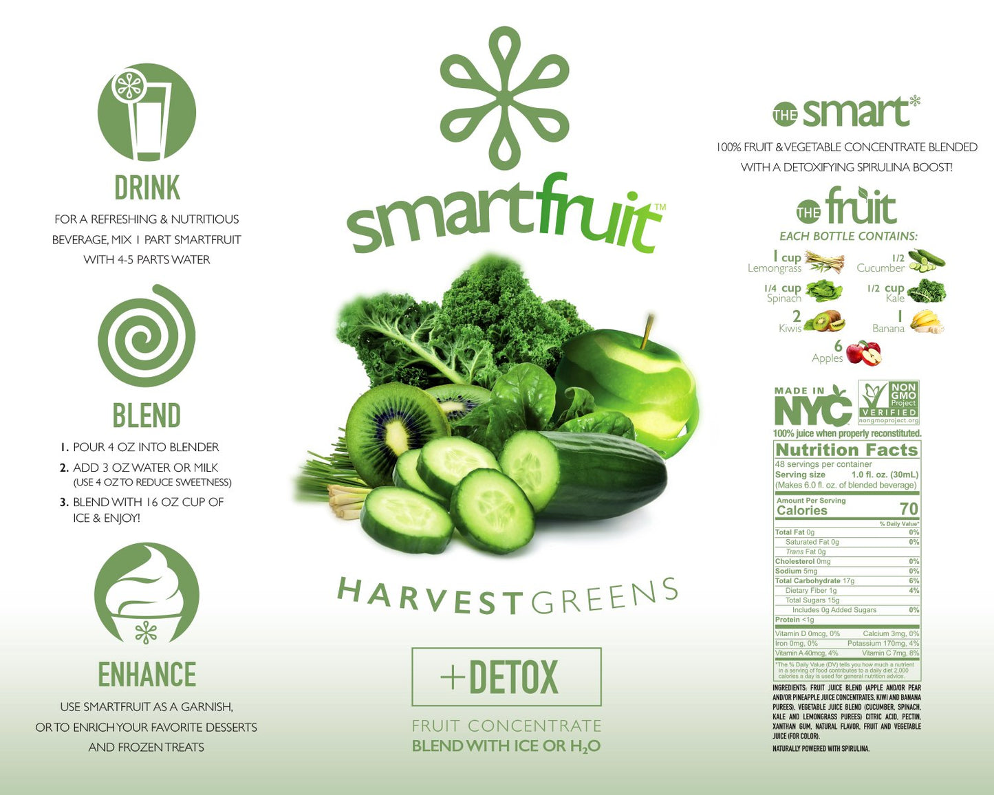 Smartfruit Harvest Greens + Detox - 100% Real Fruit Pur  e with Kiwi, Cucumber, Kale, Spinach, Lemongrass, Apple, Banana - Great