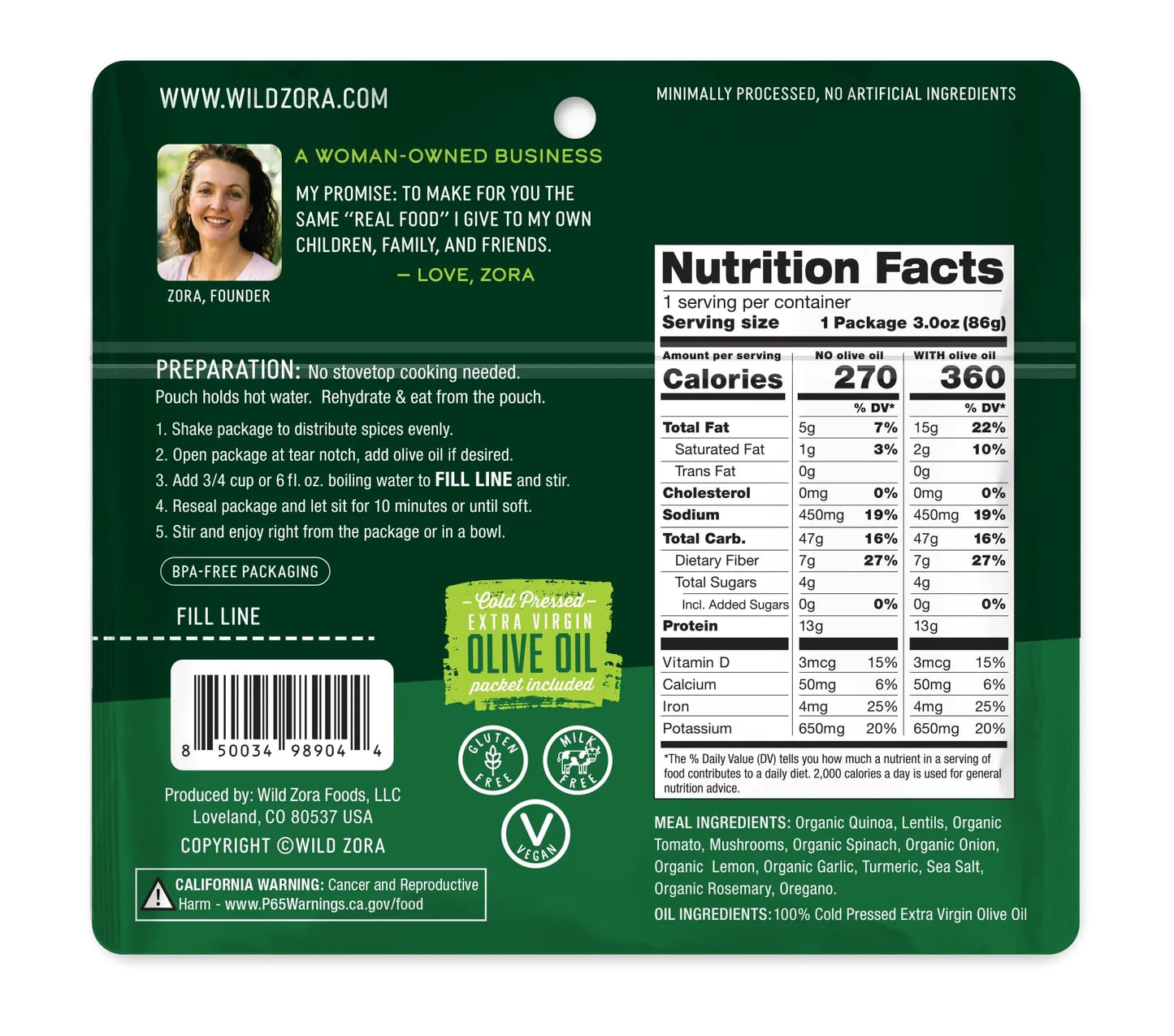 Wild Zora Instant Organic Quinoa Meals, Quick & Tasty Prepared Bowls, Pantry Staples Gluten-Free Meal with Lentils Plus 10g Oliv
