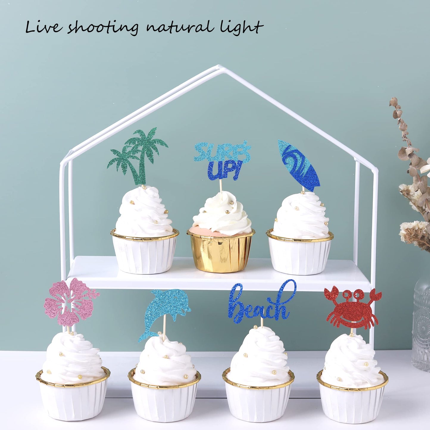 Rssta i Cupcake Toppers 28 PCS Glitter Surfs Up Surfboard Picks 2.1x4.4 Paper Design 1 for Beach Theme Parties