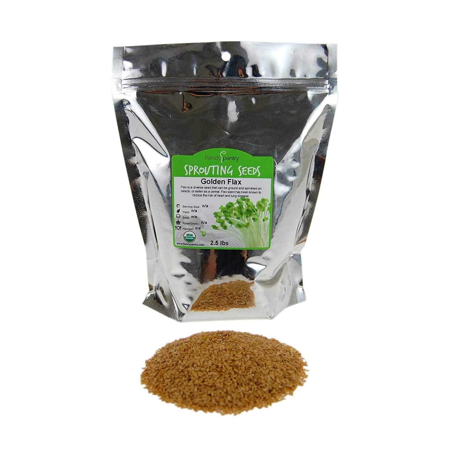 Organic Golden Flax Seeds - 2.5 Lbs Resealable Bag - Handy Pantry Brand - Yellow / Gold Flaxseeds - Flax Seed for Sprouting, Gri