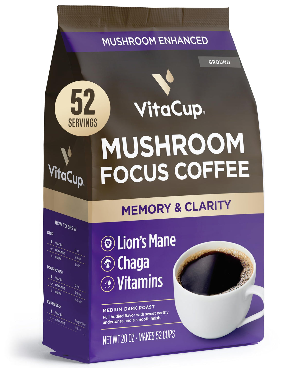 Vitacup Focus Mushroom Coffee Grounds, With Lions Mane, Chaga, B Vitamins, D3, Boost Focus, Immunity, Memory & Clarity, Medium D