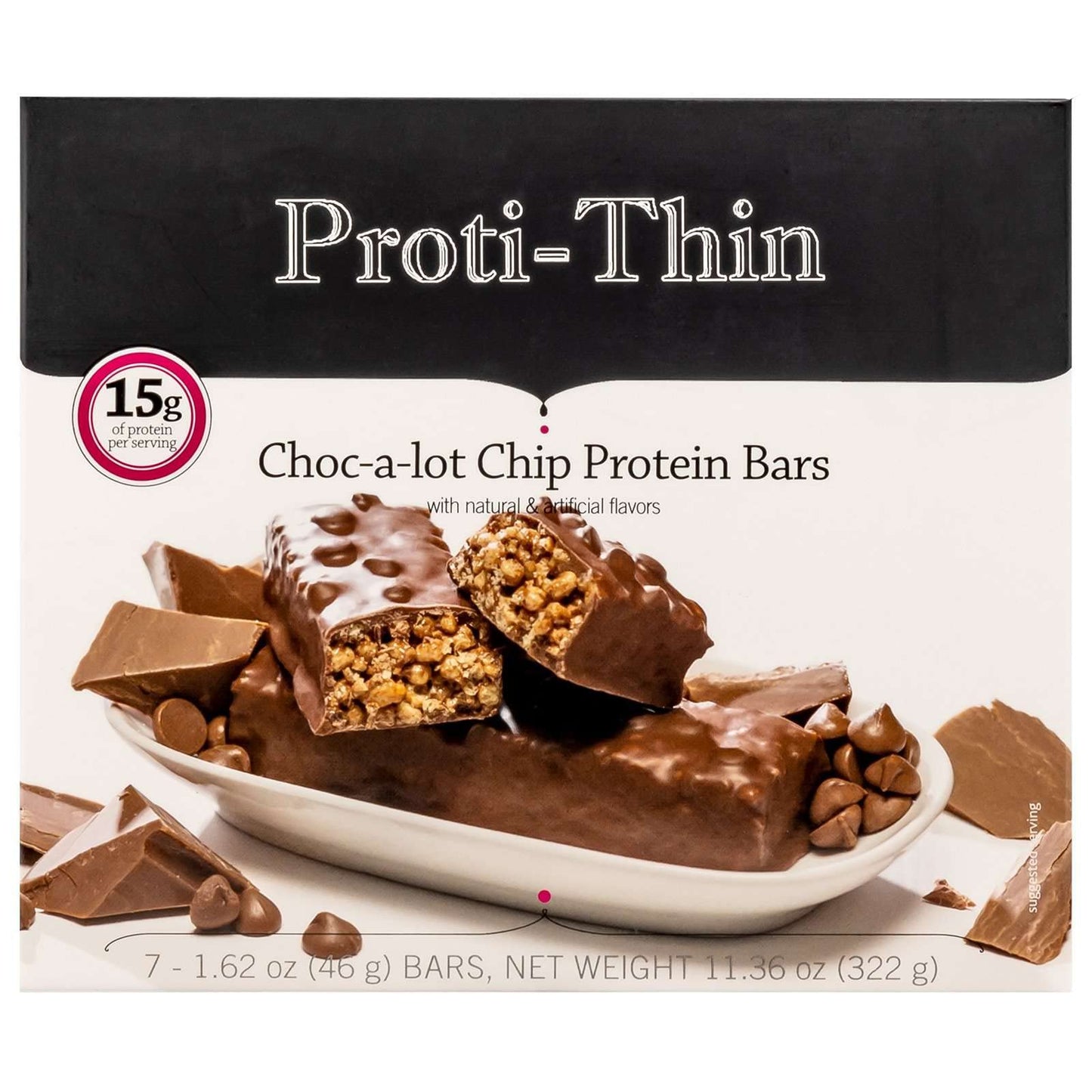 Proti-Thin Choc-A-Lot Chip Protein Bar, 15G Protein, Low Carb Diet Bar, Low Fat, No Gluten Ingredients, 7 Bars/Box
