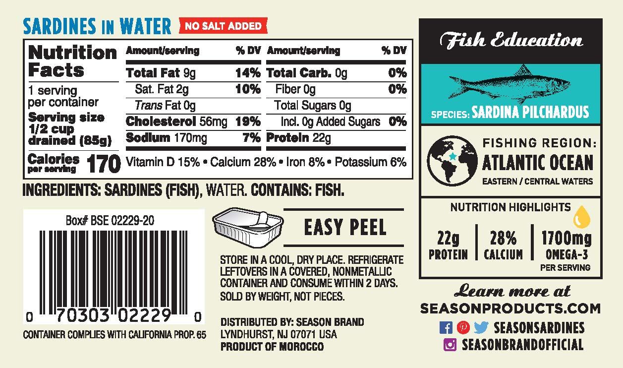 Season Sardines in Water - No Salt Added, Wild Caught, 22g of Protein, Keto Snacks, More Omega 3 s Than Tuna, Kosher, High in C