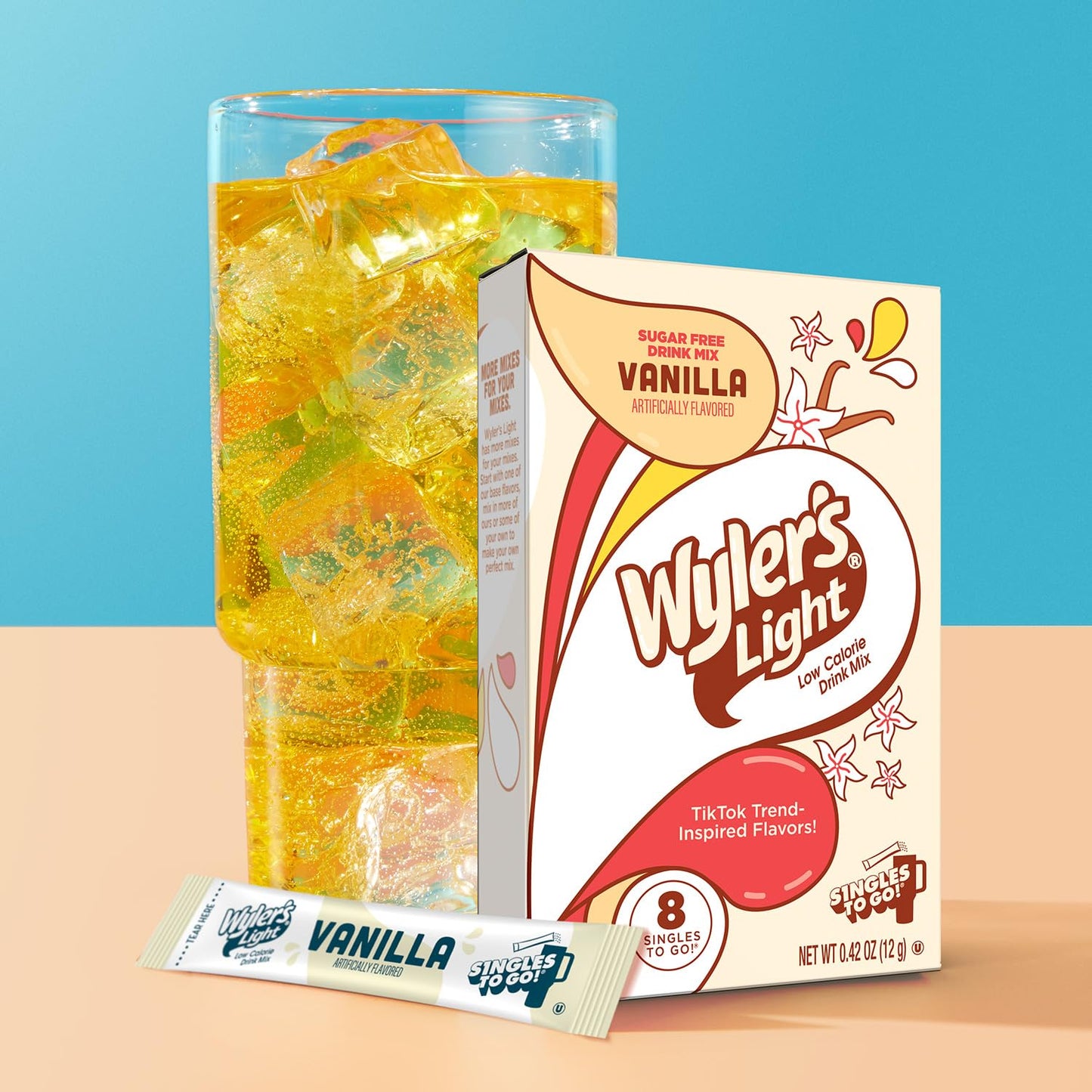 Wylers Light Singles To Go Powder Packets  Water Drink Mix  Watertok Vanilla  96 Servings  8 Count x Pack of 12