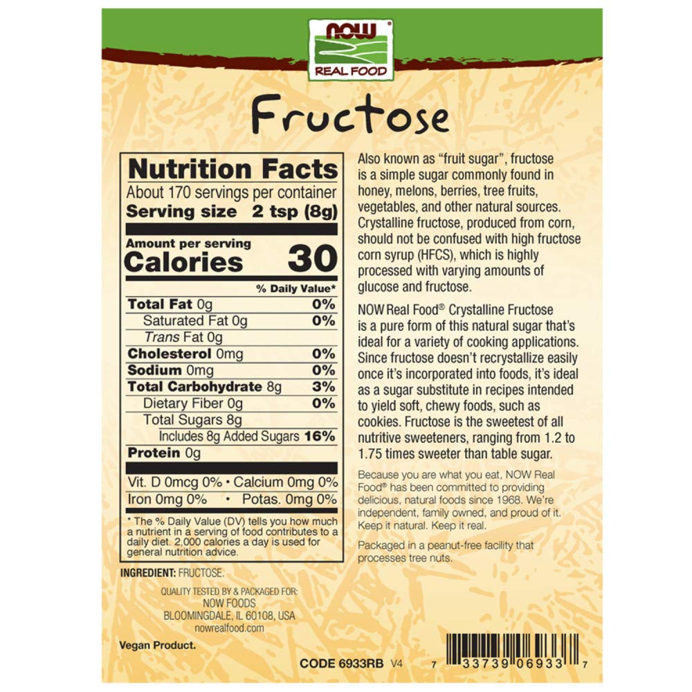 Now Foods, Fructose, Pure Crystalline Frustose, Excellent Substitute For Sugar, Certified Non-Gmo And Kosher, 3-Pound (Packaging