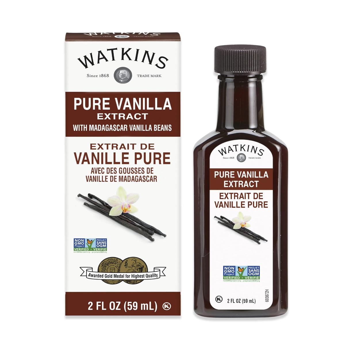 Watkins Pure Vanilla Extract, with Madagascar Vanilla Beans, Non-GMO, Kosher, 2 oz. Bottle, 1-Pack