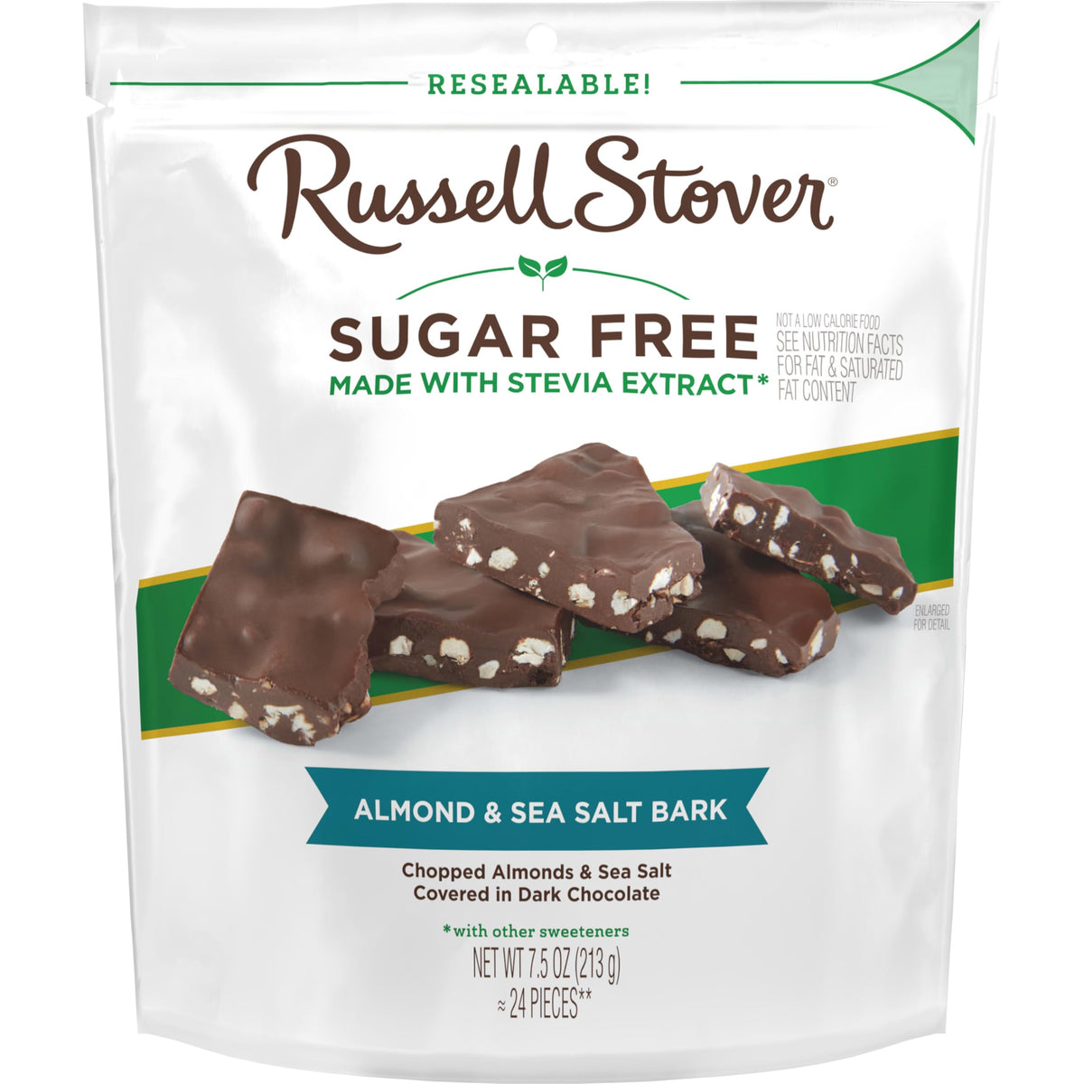 RUSSELL STOVER Sugarfree Dark Chocolate Almond & Sea Salt Bark, 7.5 oz bag, 5 Pack