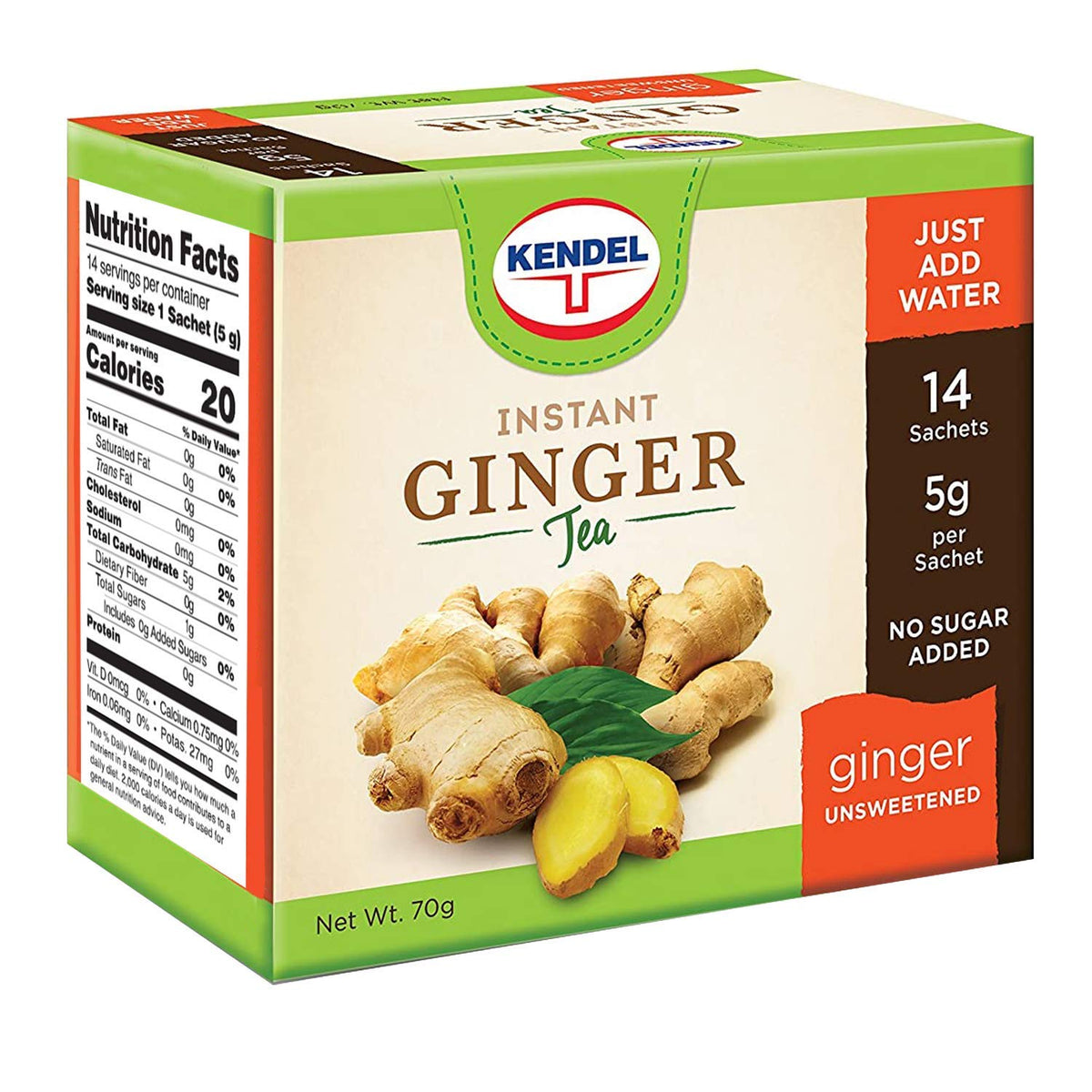 Kendel Instant Ginger Herbal Tea, Caffeine Free, Unsweetened, 14 Packets, Made from Real Ginger Powder