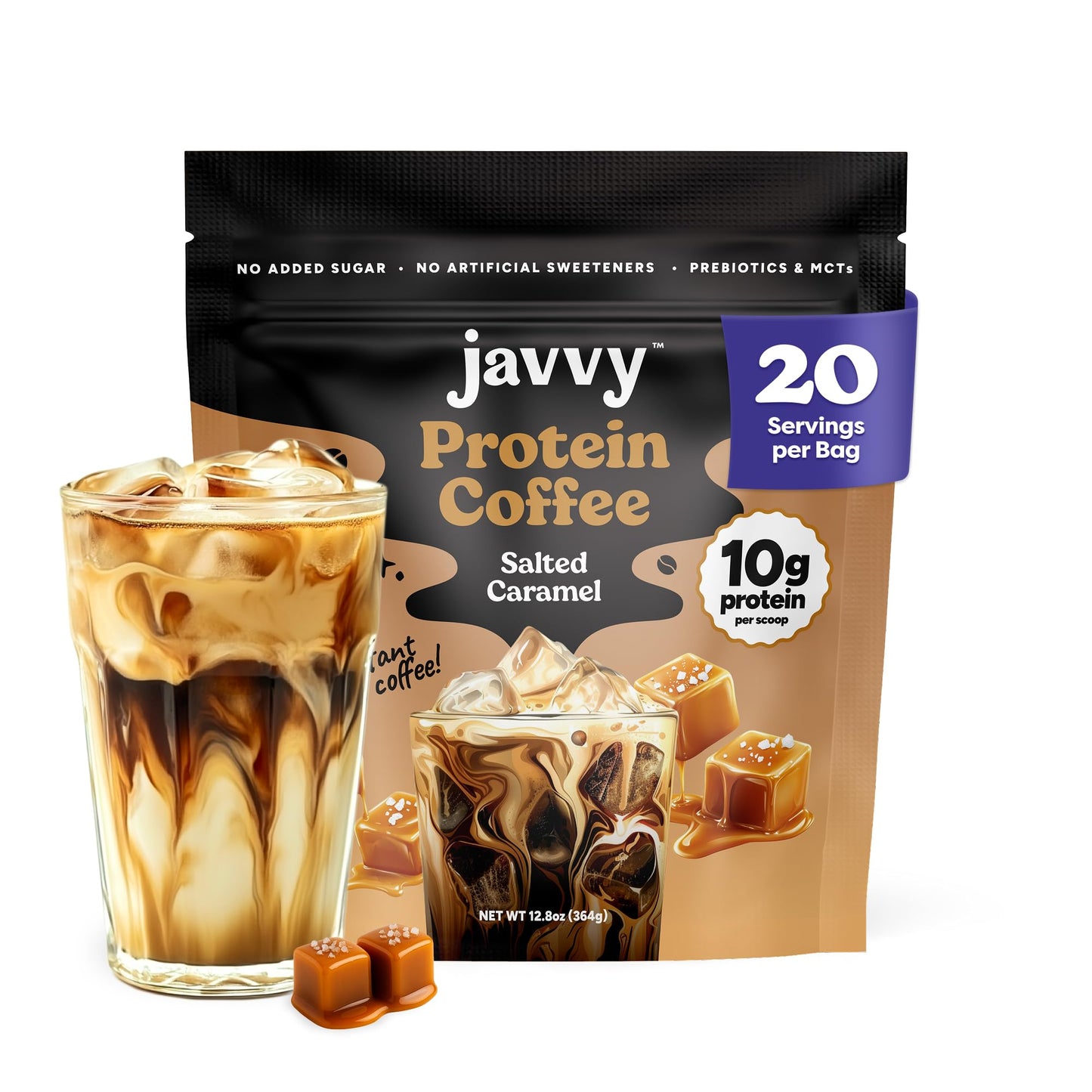 Salted Caramel Protein Iced Coffee - enhanced Whey Protein & Instant Iced Coffees - 100% Natural Cold Brew Coffee - Zero Artificial Flavors & Sweeteners  80 mg Caffeine  0g of Sugar  20 Servings
