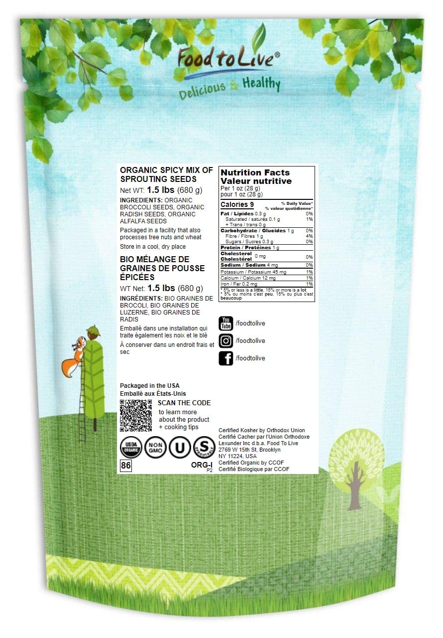Food To Live Organic Spicy Mix Of Sprouting Seeds, 1.5 Pounds - Non-Gmo Broccoli, Radish, Alfalfa, Raw, Rich Germination Rate, N