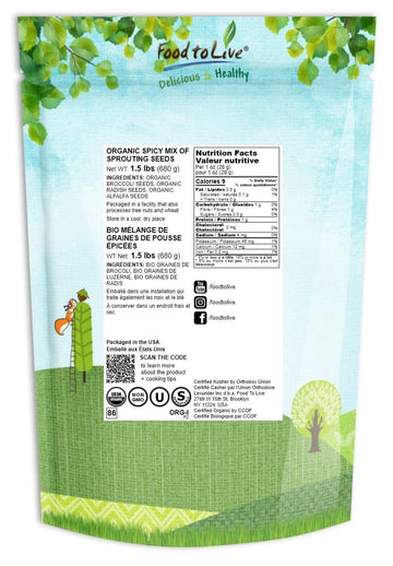 Food To Live Organic Spicy Mix Of Sprouting Seeds, 1.5 Pounds - Non-Gmo Broccoli, Radish, Alfalfa, Raw, Rich Germination Rate, N
