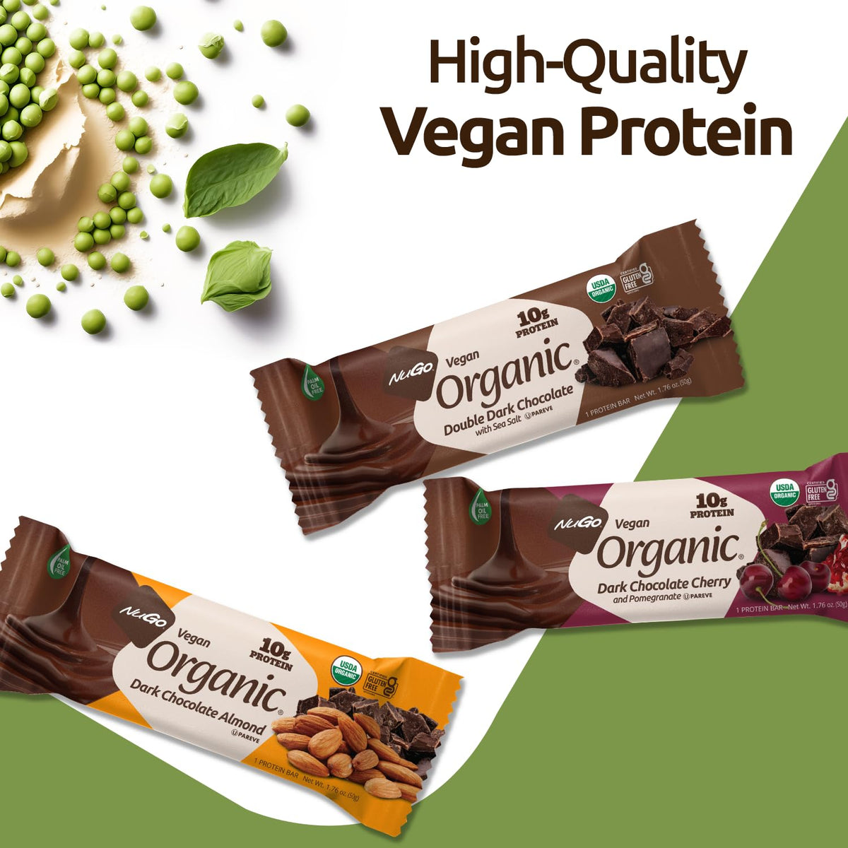 Nugo Organic Double Dark Chocolate, 10g Vegan Protein, Gluten Free, 24 count