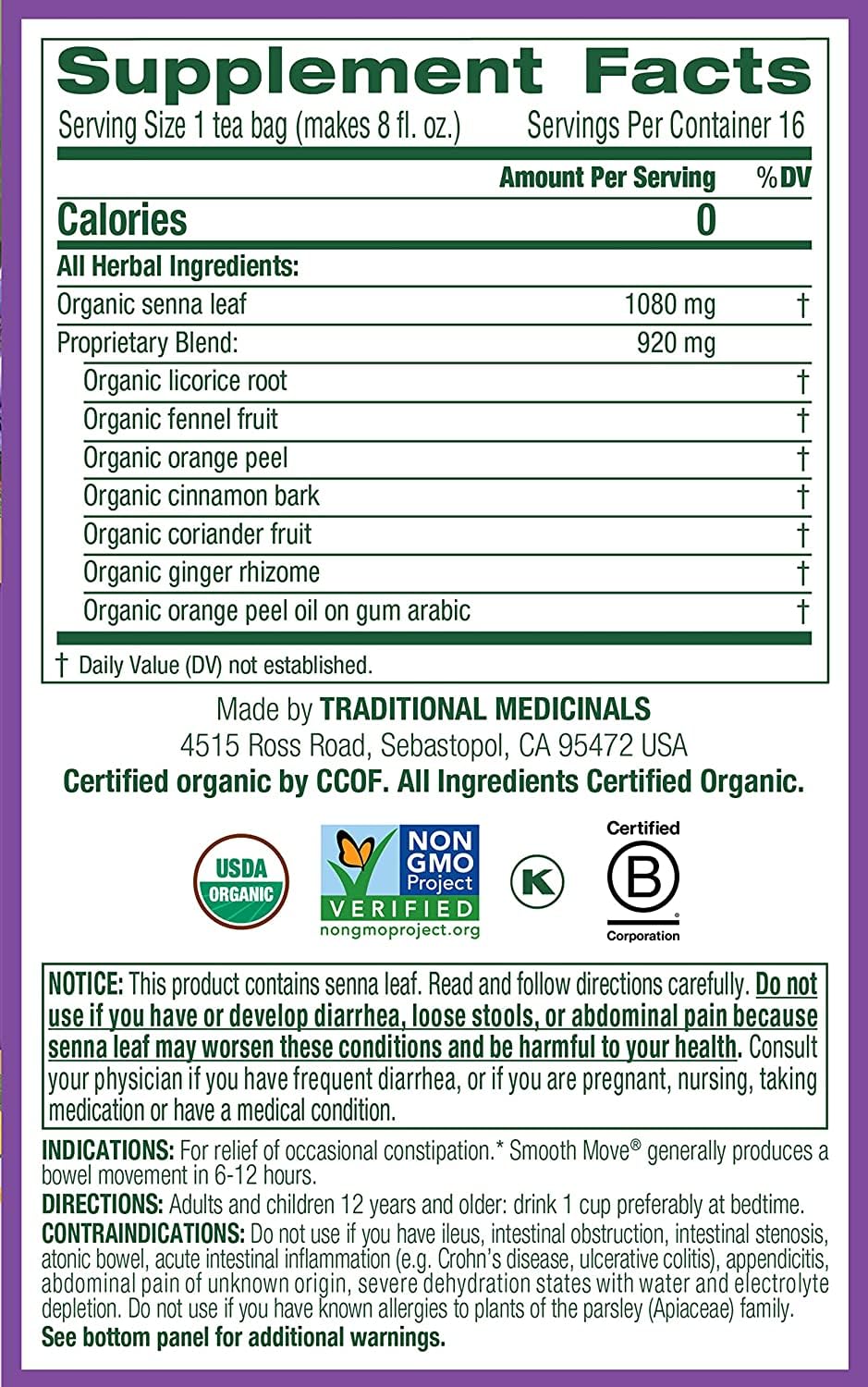 Traditional Medicinals Smooth Move Laxative Tea Bags Organic, 16 Ct