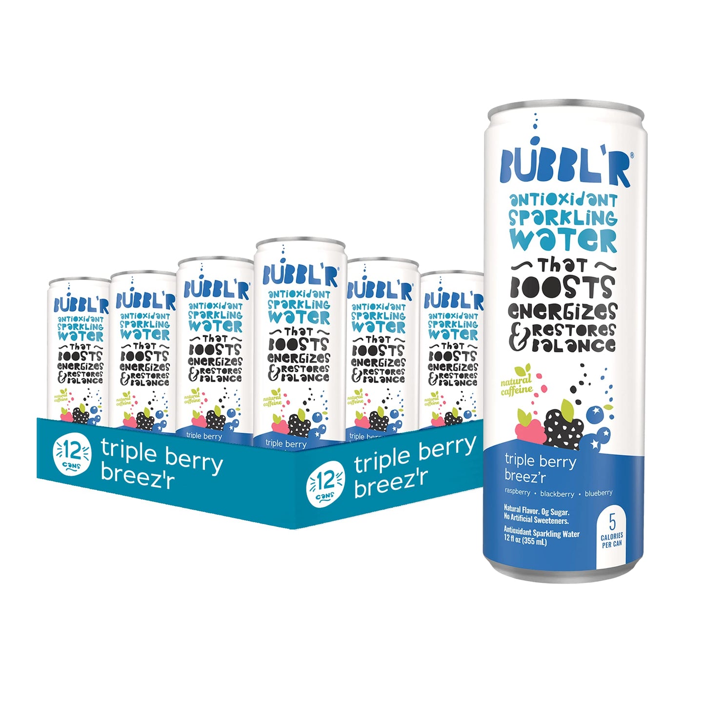 Bubblr Antioxidant Sparkling Water, Triple Berry, 12 Fl Oz Cans, 12 Count, 0g Sugar, Gluten Free, All Natural Flavors