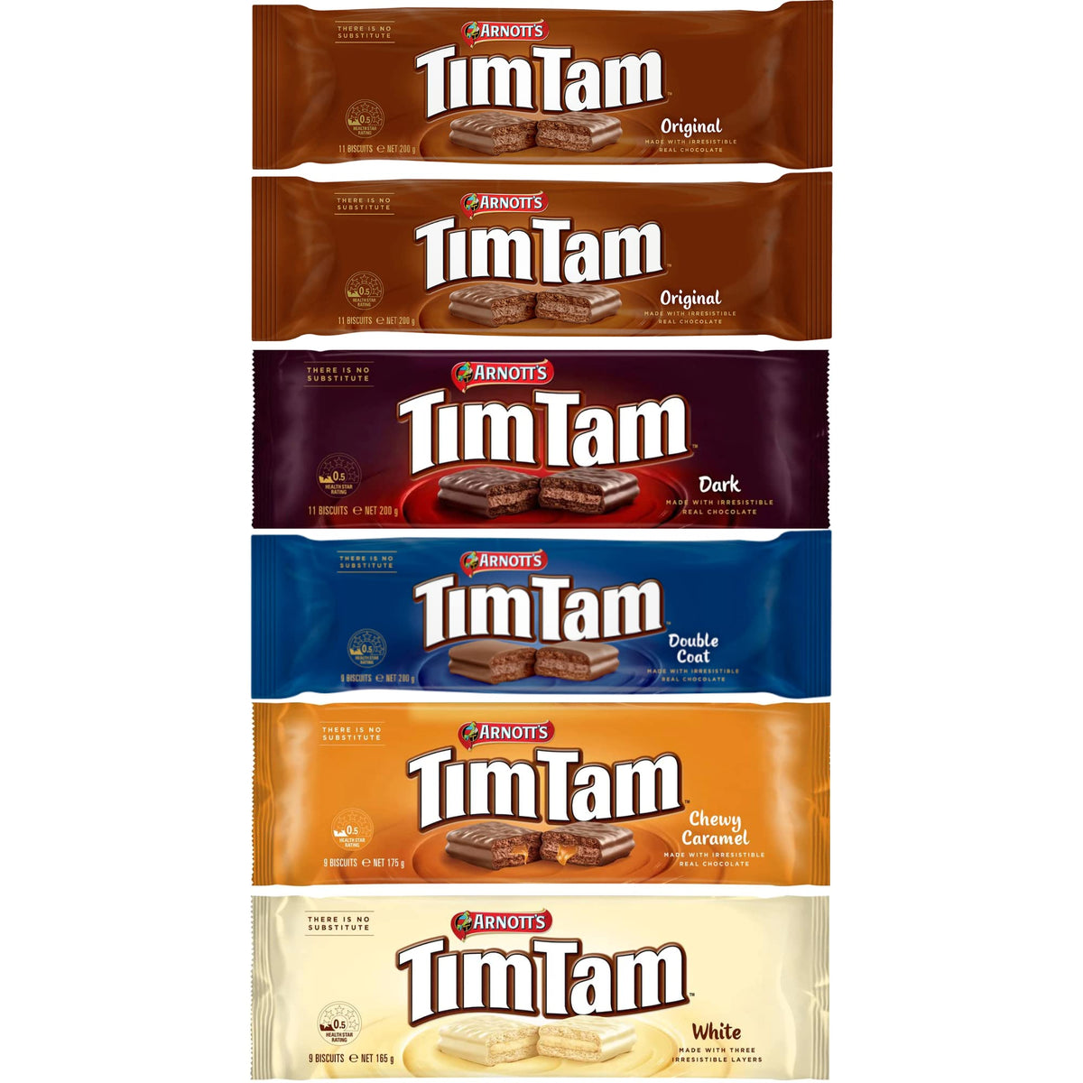 Arnotts Tim Tam Chocolate Biscuits - 6-Pack Assortment: 2 Original, 1 Dark, 1 Double Coat, 1 Chewy Caramel, 1 White - Made in Au