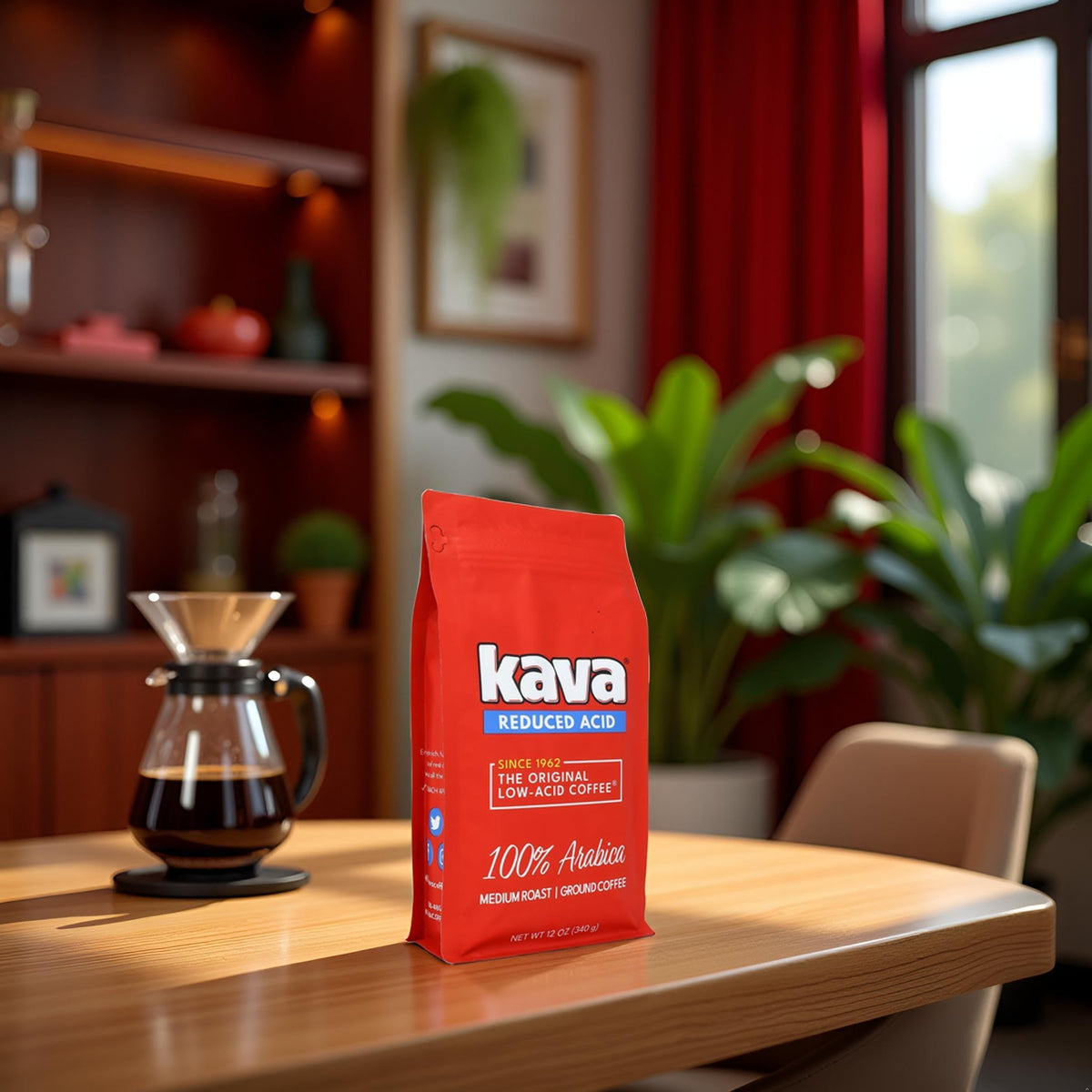 Kava Low Acid Neutralized Ground Coffee - Medium Roast Arabica, Smooth Flavor, 12 Ounce Bag (Pack of 1)