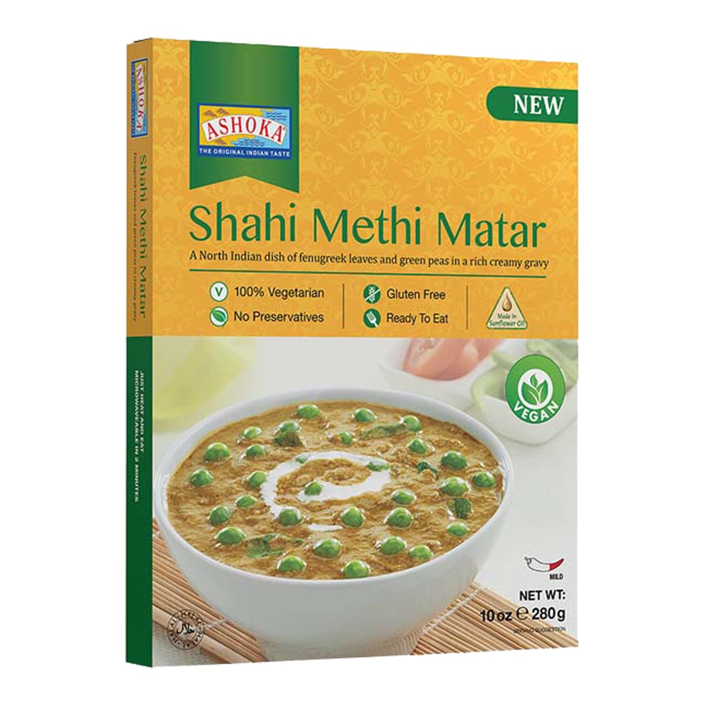Ashoka Ready to Heat Vegan Curries 1932, Fenugreek Leaves & Green Peas, All-Natural Curry, Shahi Methi Matar, Kosher Certified, Camping Friendly Indian Food, Gluten-Free, No Preservatives, Pack of 1