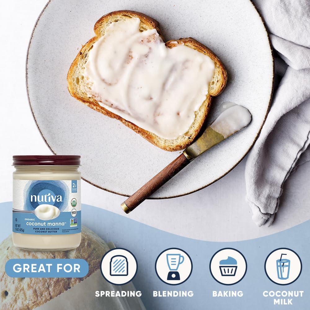 Nutiva Organic Coconut Manna Pur  ed Coconut Butter, 15 Oz, USDA Organic, Non-GMO, Vegan, Gluten-Free & Keto, Creamy Spread for